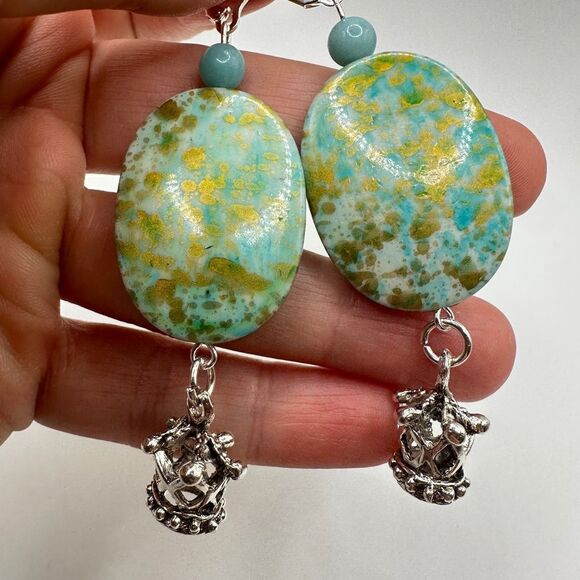 SALE! 3” dangle earrings with painted acrylic beads, stone, and crown charms! - Picture 7 of 13